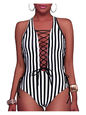 NWT Women's HOLIPICK Striped One Piece Swimsuit XL Black White
